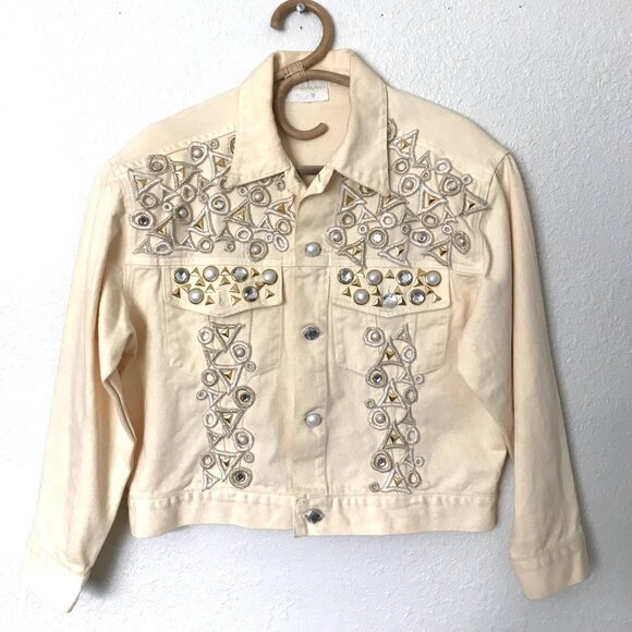 Vintage Cache’ Denim Jacket Buttercup Yellow Embroidery, Pearls, Studs LG/XL - Picture 2 of 8
